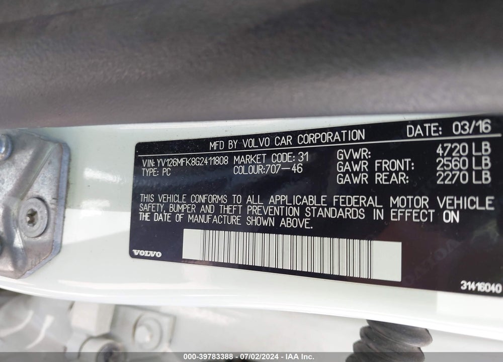 2016 VOLVO S60 T5 DRIVE-E PREMIER VIN: YV126MFK8G2411808