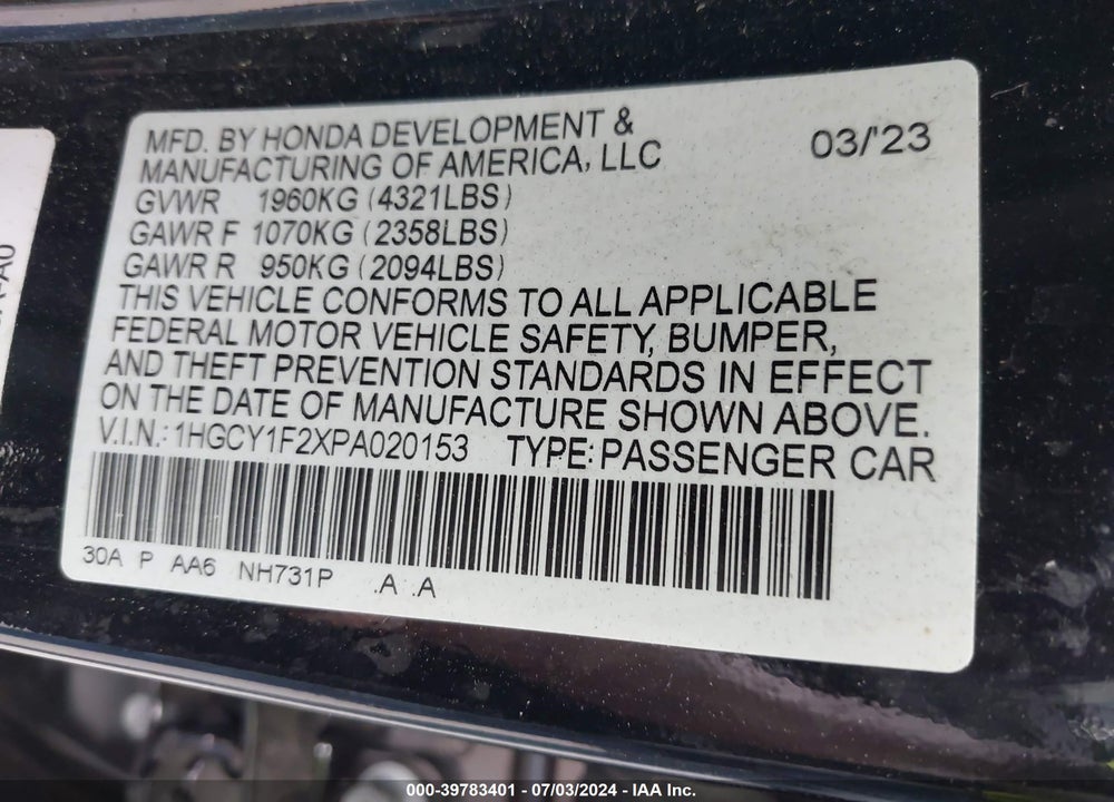 2023 HONDA ACCORD LX VIN: 1HGCY1F2XPA020153