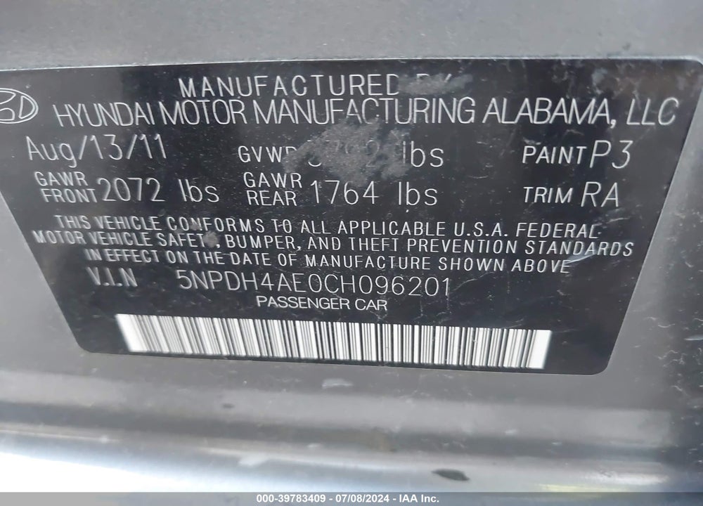 2012 HYUNDAI ELANTRA GLS VIN: 5NPDH4AE0CH096201