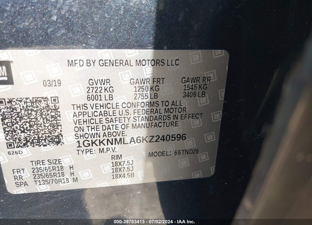 2019 GMC ACADIA SLT-1 VIN: 1GKKNMLA6KZ240596