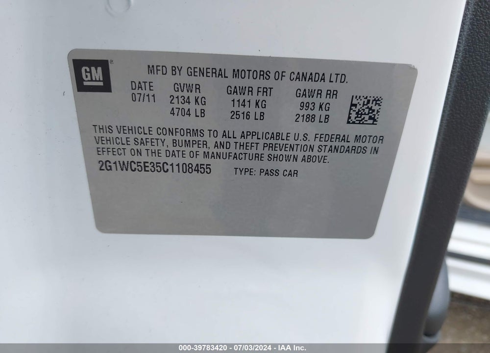 2012 CHEVROLET IMPALA LTZ VIN: 2G1WC5E35C1108455