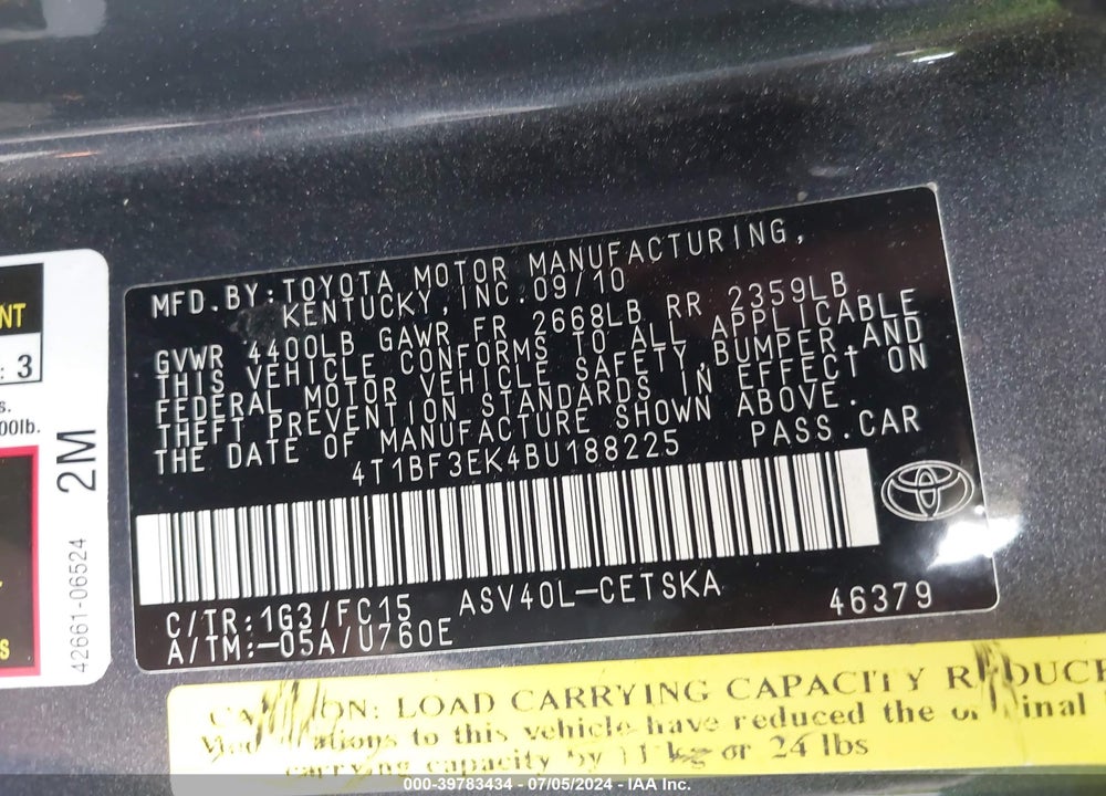 2011 TOYOTA CAMRY SE VIN: 4T1BF3EK4BU188225