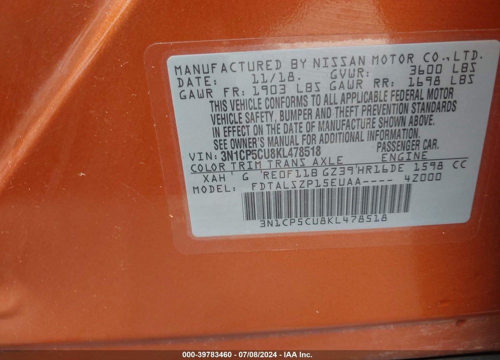 2019 NISSAN KICKS SV VIN: 3N1CP5CU8KL478518