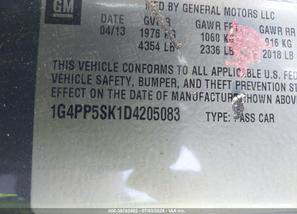 2013 BUICK VERANO VIN: 1G4PP5SK1D4205083