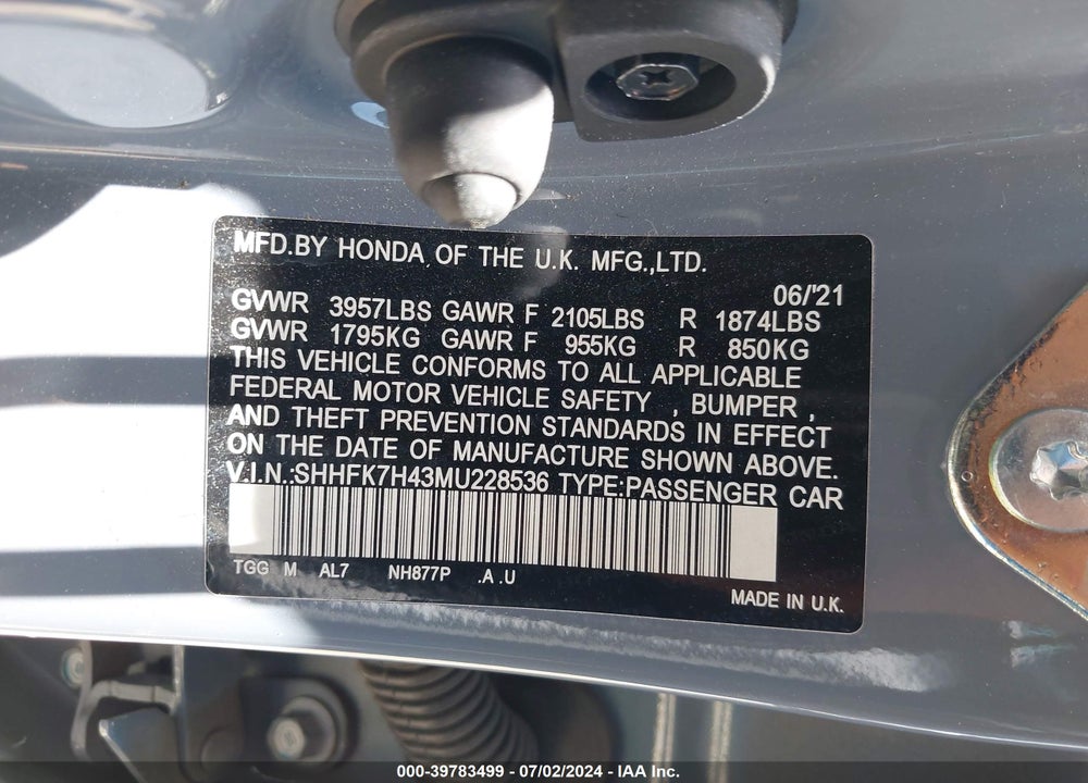 2021 HONDA CIVIC SPORT VIN: SHHFK7H43MU228536