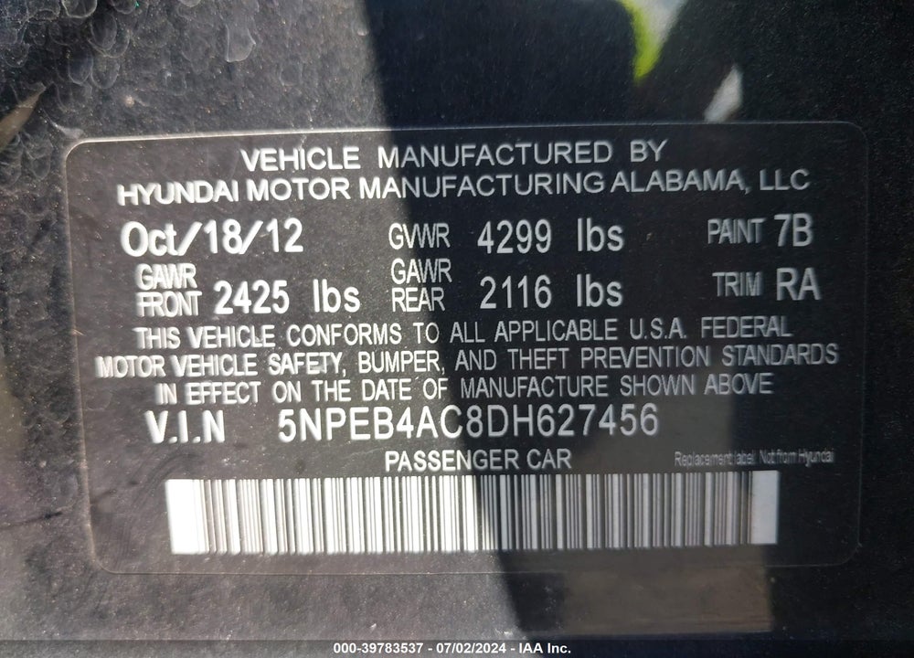 2013 HYUNDAI SONATA GLS VIN: 5NPEB4AC8DH627456