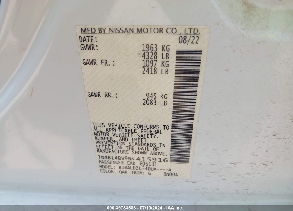 2022 NISSAN ALTIMA S FWD VIN: 1N4BL4BV9NN415916
