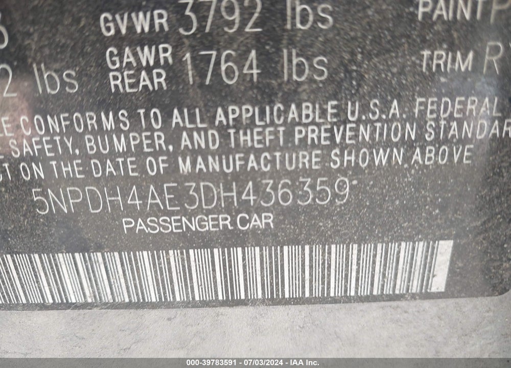 2013 HYUNDAI ELANTRA LIMITED VIN: 5NPDH4AE3DH436359