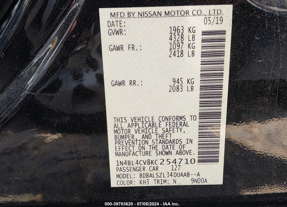 2019 NISSAN ALTIMA 2.5 SR VIN: 1N4BL4CV8KC254710