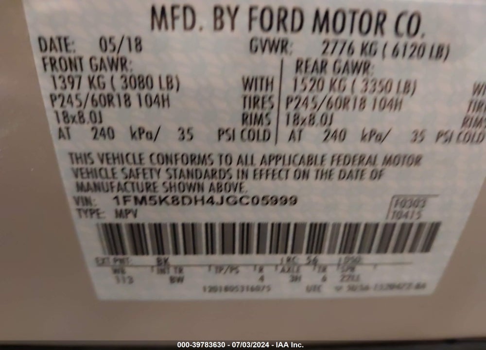 2018 FORD EXPLORER XLT VIN: 1FM5K8DH4JGC05999