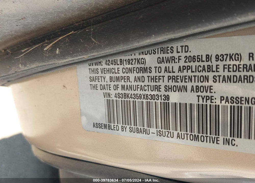 1999 SUBARU LEGACY 30TH ANN. L/L VIN: 4S3BK4359X6303139