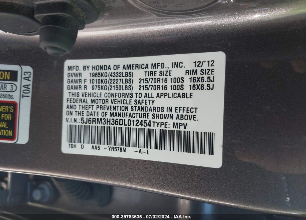 2013 HONDA CR-V LX VIN: 5J6RM3H36DL012454
