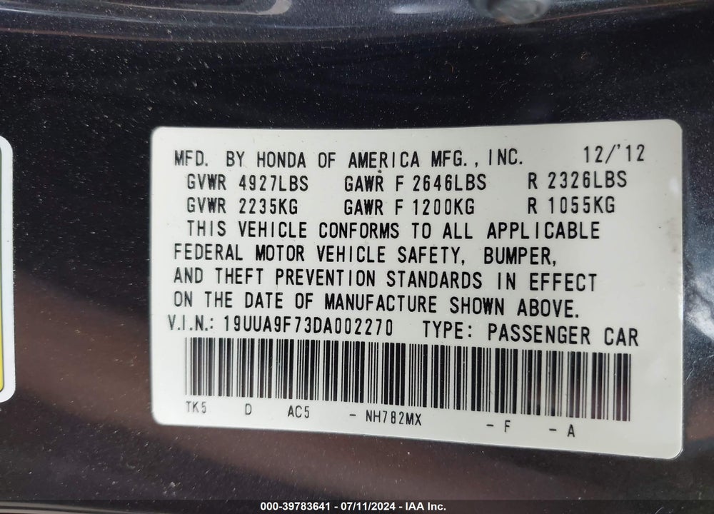 2013 ACURA TL 3.7 VIN: 19UUA9F73DA002270