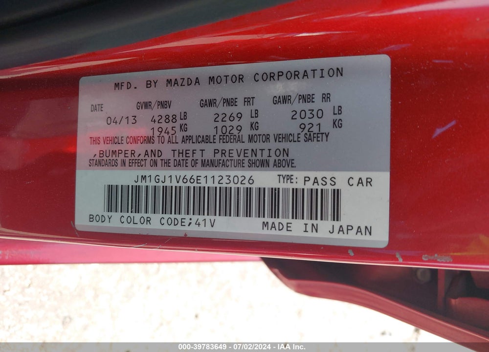 2014 MAZDA 6 I TOURING VIN: JM1GJ1V66E1123026