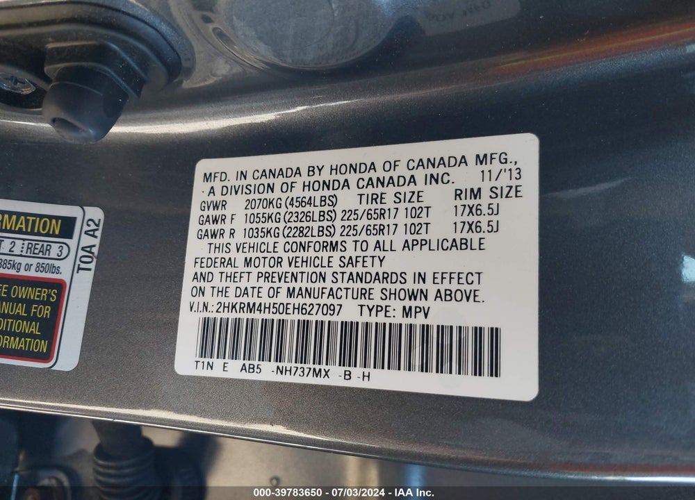 2014 HONDA CR-V EX VIN: 2HKRM4H50EH627097