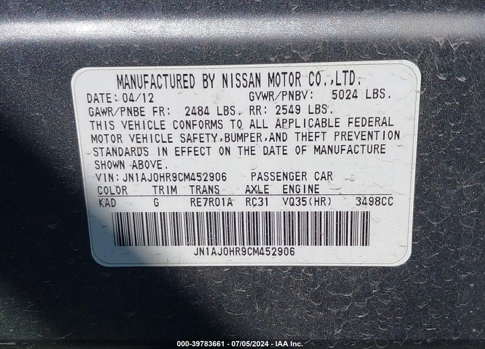 2012 INFINITI EX35 JOURNEY VIN: JN1AJ0HR9CM452906