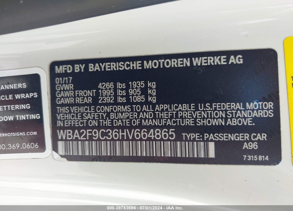 2017 BMW 230I VIN: WBA2F9C36HV664865
