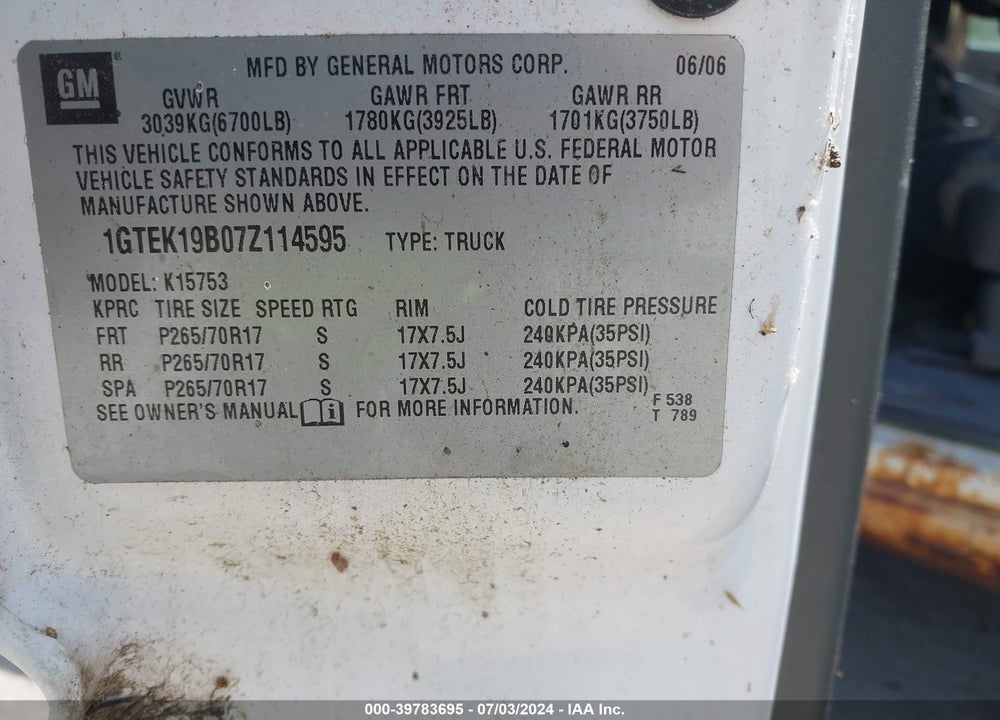 2007 GMC SIERRA 1500 CLASSIC SLT VIN: 1GTEK19B07Z114595