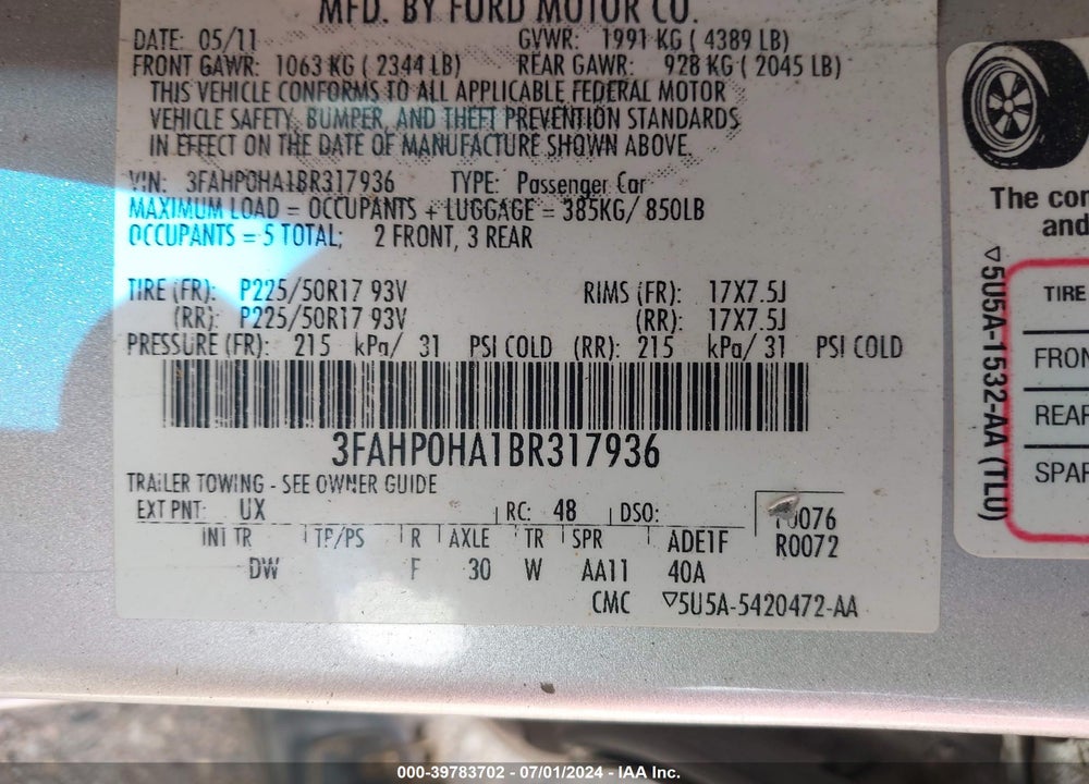 2011 FORD FUSION SE VIN: 3FAHP0HA1BR317936