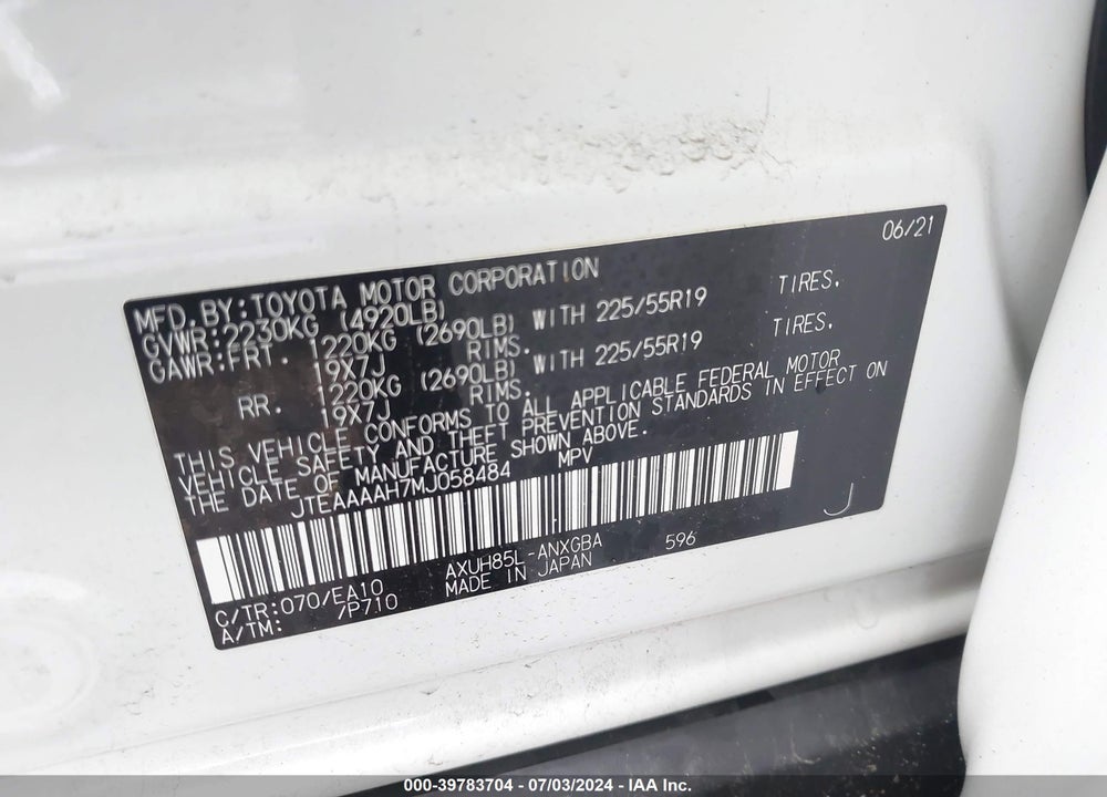2021 TOYOTA VENZA XLE VIN: JTEAAAAH7MJ058484
