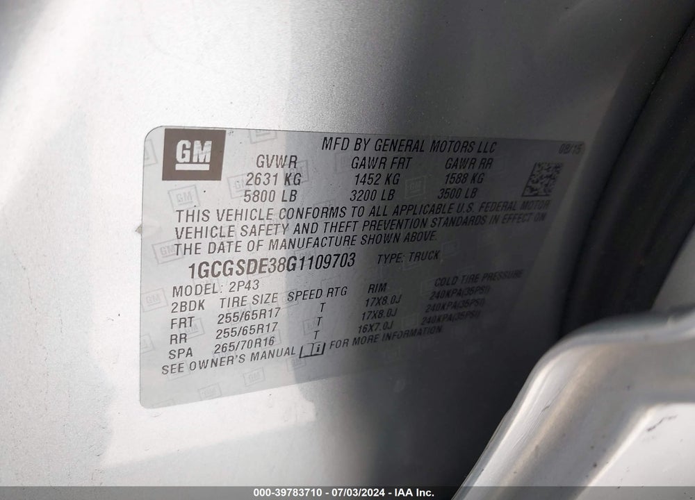 2016 CHEVROLET COLORADO Z71 VIN: 1GCGSDE38G1109703