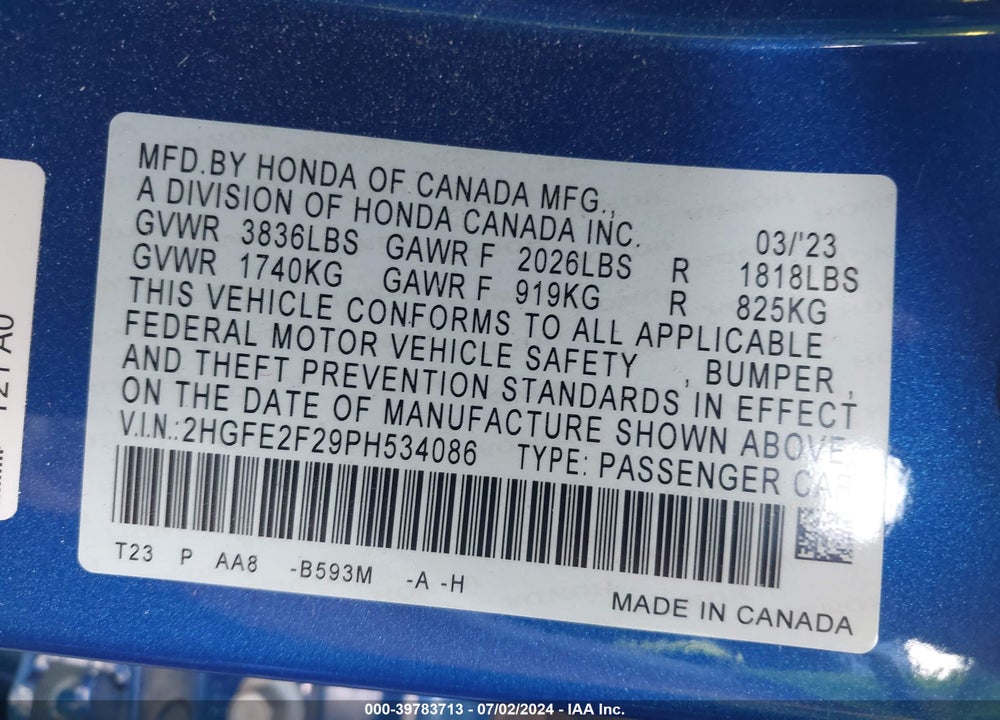 2023 HONDA CIVIC LX VIN: 2HGFE2F29PH534086