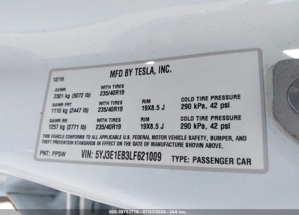 2020 TESLA MODEL 3 LONG RANGE DUAL MOTOR ALL-WHEEL DRIVE VIN: 5YJ3E1EB3LF621009