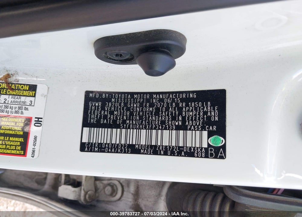 2015 TOYOTA COROLLA S PLUS VIN: 5YFBURHEXFP347139