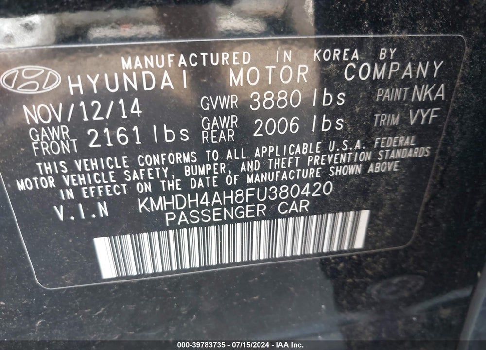 2015 HYUNDAI ELANTRA SPORT VIN: KMHDH4AH8FU380420