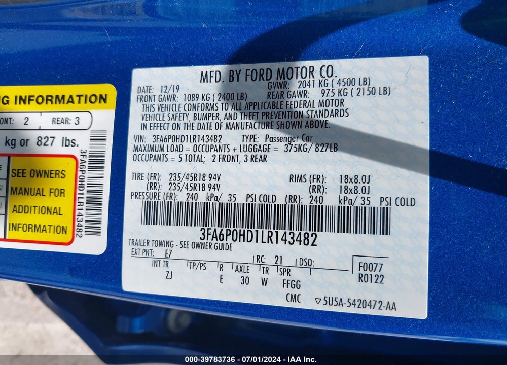 2020 FORD FUSION VIN: 3FA6P0HD1LR143482