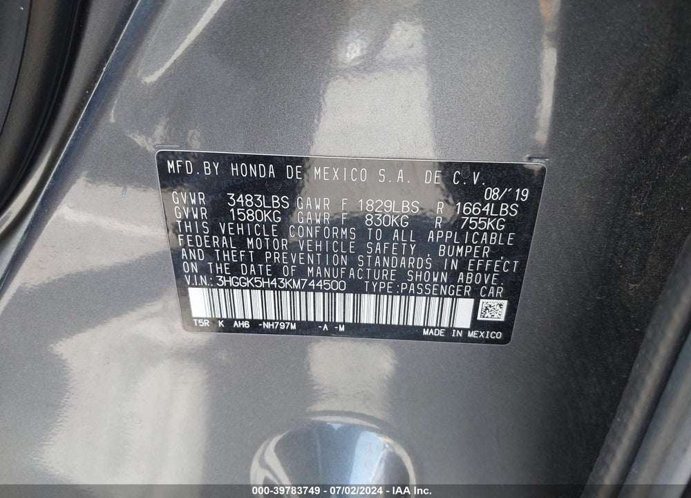2019 HONDA FIT LX VIN: 3HGGK5H43KM744500