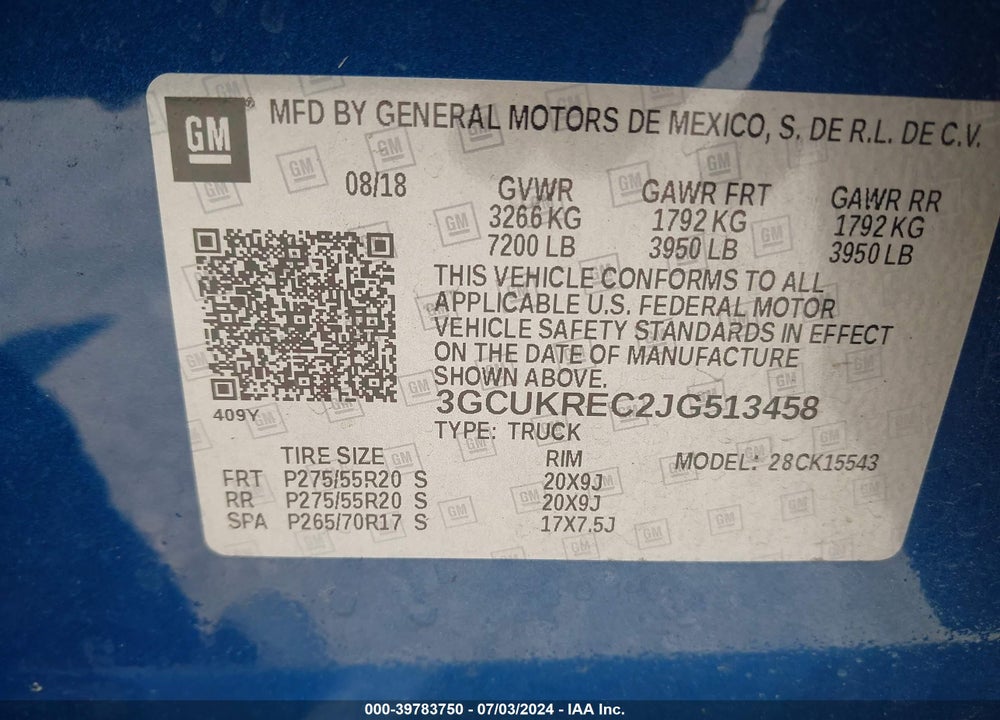 2018 CHEVROLET SILVERADO 1500 2LT VIN: 3GCUKREC2JG513458