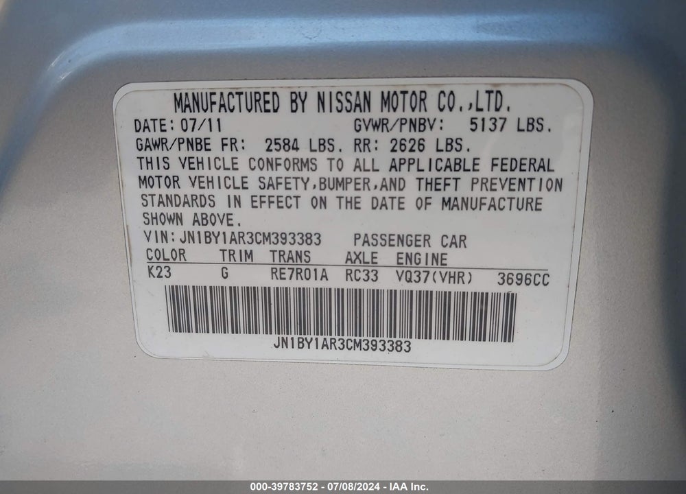 2012 INFINITI M37X VIN: JN1BY1AR3CM393383
