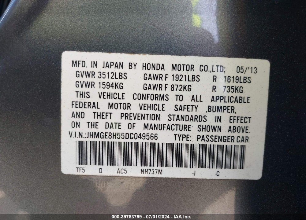 2013 HONDA FIT SPORT VIN: JHMGE8H55DC049566