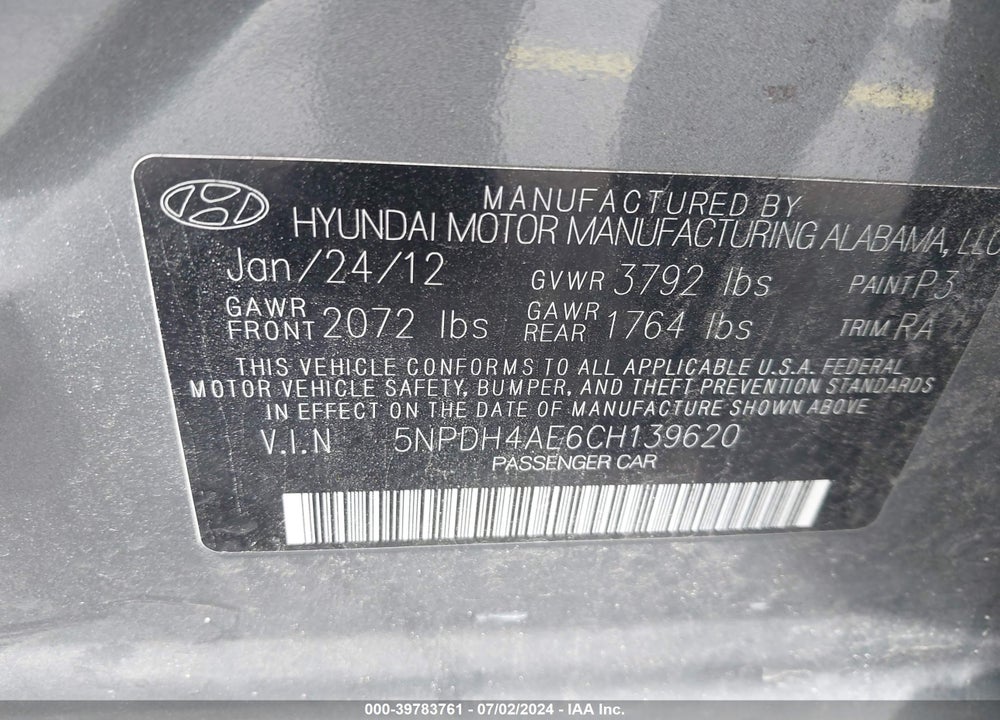 2012 HYUNDAI ELANTRA GLS VIN: 5NPDH4AE6CH139620