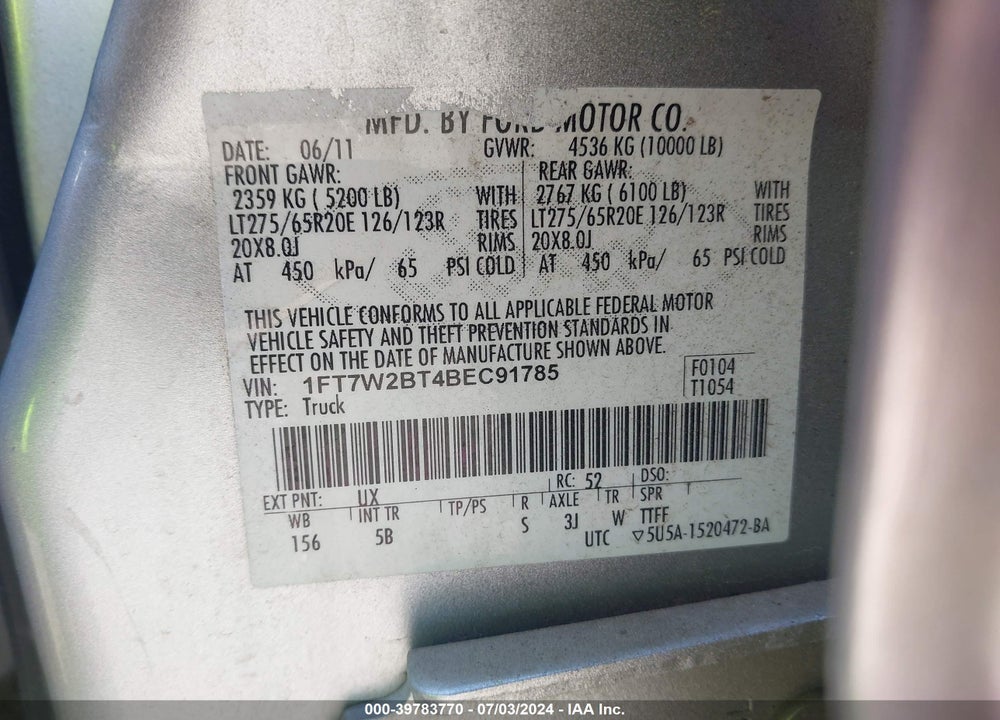 2011 FORD F-250 LARIAT VIN: 1FT7W2BT4BEC91785