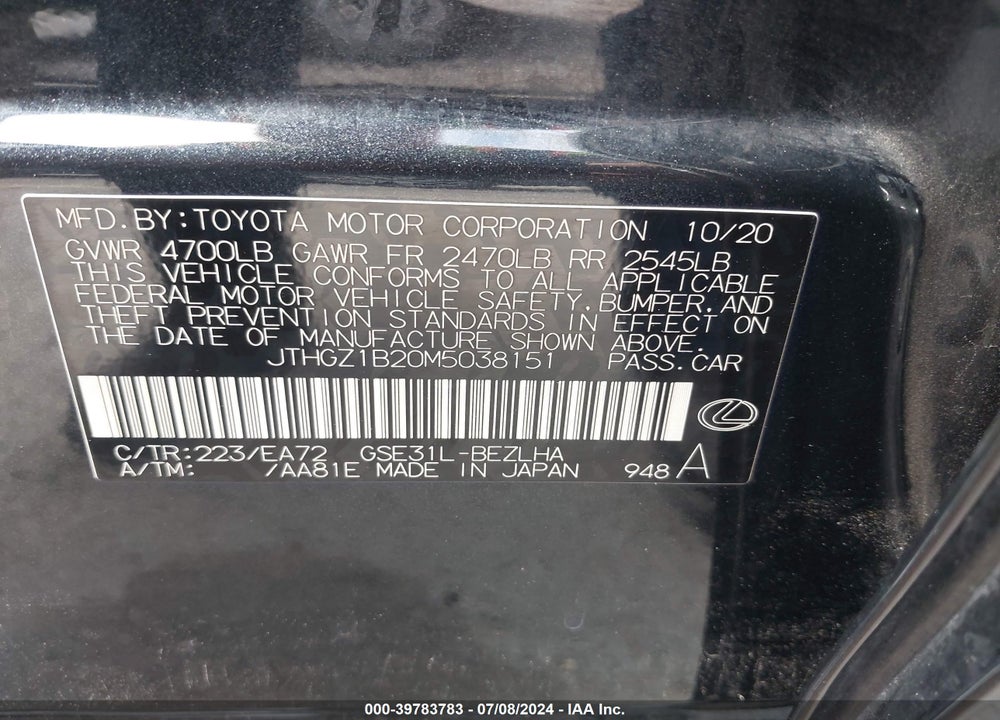2021 LEXUS IS 350 F-SPORT VIN: JTHGZ1B20M5038151