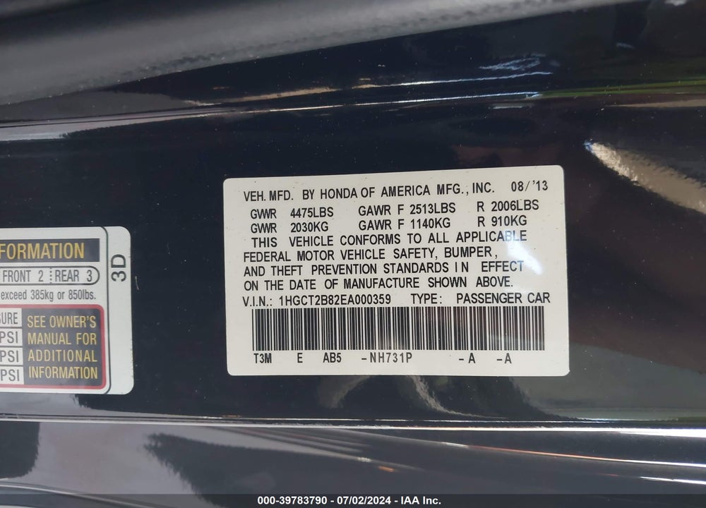 2014 HONDA ACCORD EX-L V-6 VIN: 1HGCT2B82EA000359