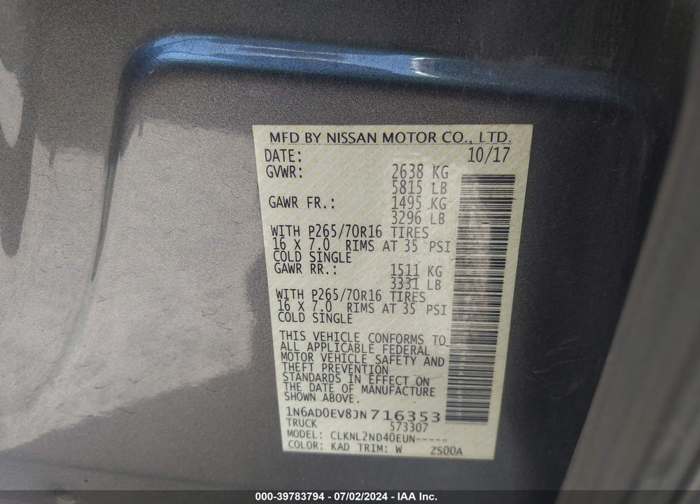 2018 NISSAN FRONTIER SV VIN: 1N6AD0EV8JN716353