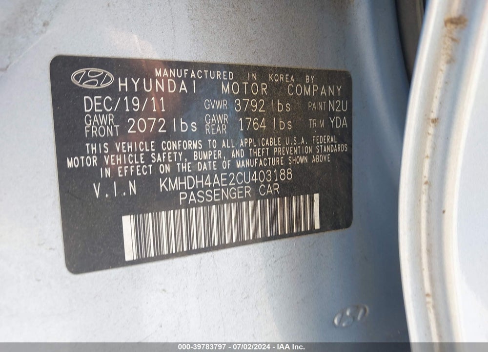 2012 HYUNDAI ELANTRA GLS (ULSAN PLANT) VIN: KMHDH4AE2CU403188