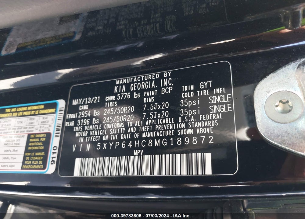 2021 KIA TELLURIDE S VIN: 5XYP64HC8MG189872