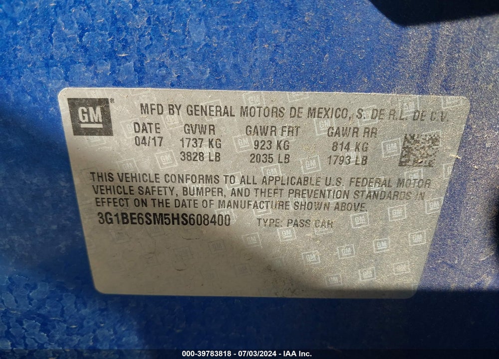 2017 CHEVROLET CRUZE LT AUTO VIN: 3G1BE6SM5HS608400