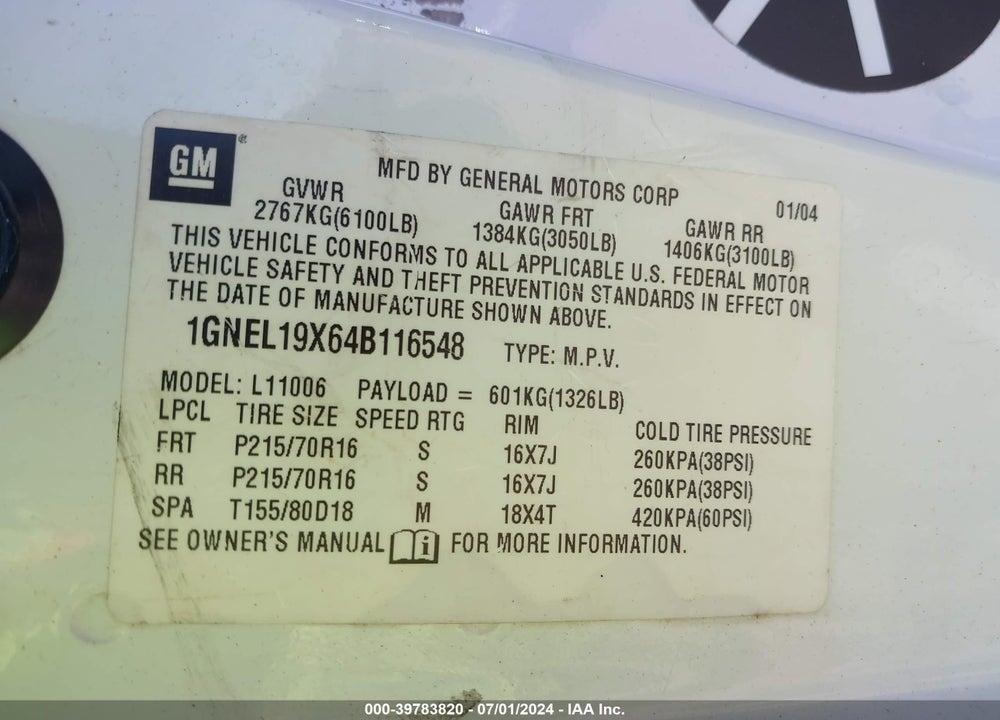 2004 CHEVROLET ASTRO VIN: 1GNEL19X64B116548