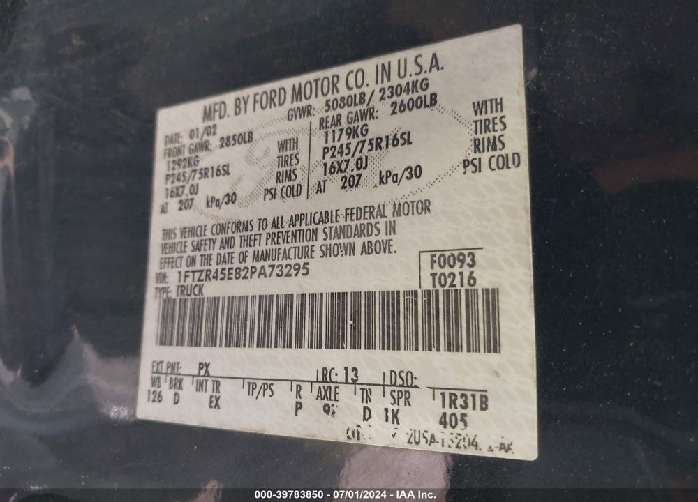 2002 FORD RANGER EDGE/EDGE PLUS/XLT/XLT FX4/XLT OFF-RD VIN: 1FTZR45E82PA73295