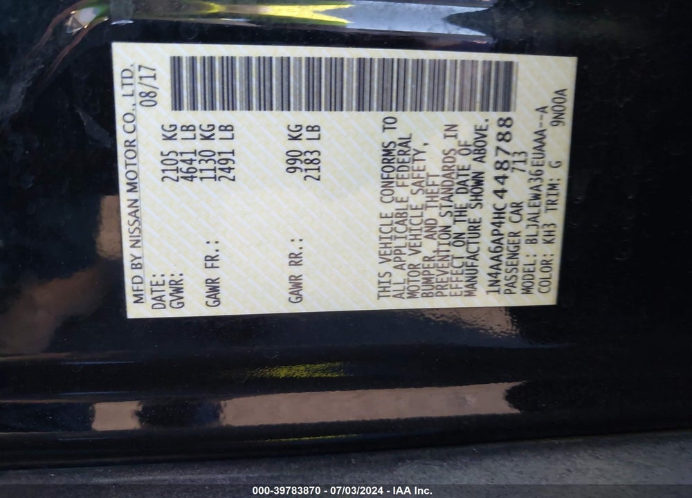 2017 NISSAN MAXIMA 3.5 SL VIN: 1N4AA6AP4HC448788