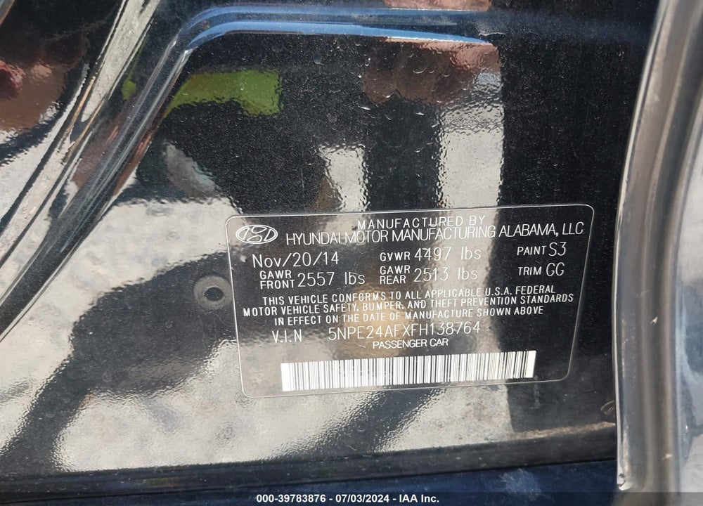 2015 HYUNDAI SONATA SE VIN: 5NPE24AFXFH138764