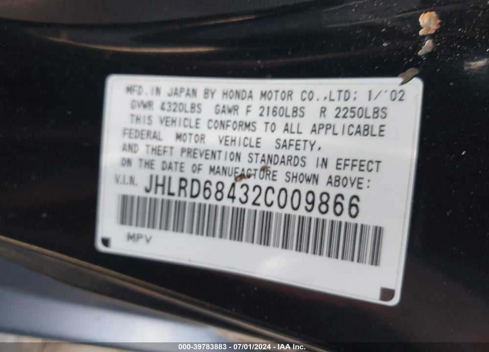 2002 HONDA CR-V LX VIN: JHLRD68432C009866