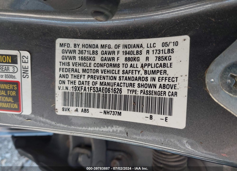 2010 HONDA CIVIC LX VIN: 19XFA1F53AE061626