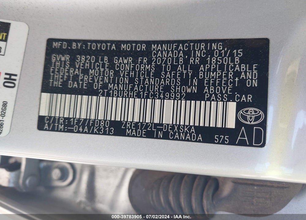 2015 TOYOTA COROLLA S PLUS VIN: 2T1BURHE1FC349992