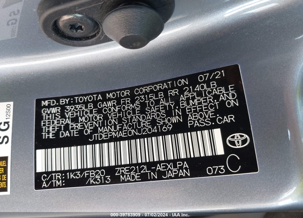 2022 TOYOTA COROLLA LE VIN: JTDEPMAE0NJ204169